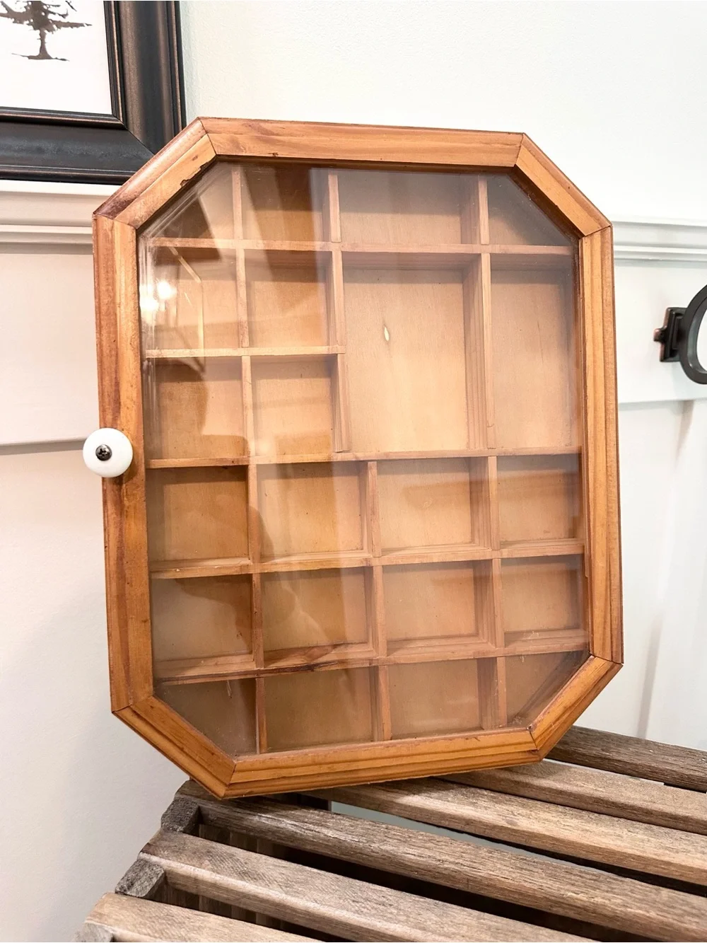 Vintage Wood Glass Door Trinket Curio Shelf Shadow Box Display Wall Cabinet